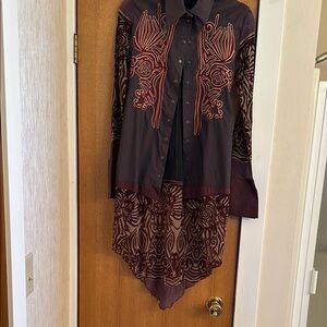 Save The Queen Purple and Red Casual Button Down Shirt with Intricate Embroidery